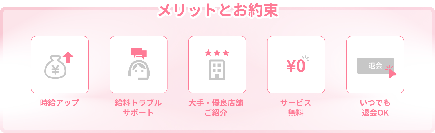 メリットとお約束 ・時給アップ ・給料トラブルサポート ・大手・有料店舗ご紹介 ・サービス無料 ・いつでも退会OK